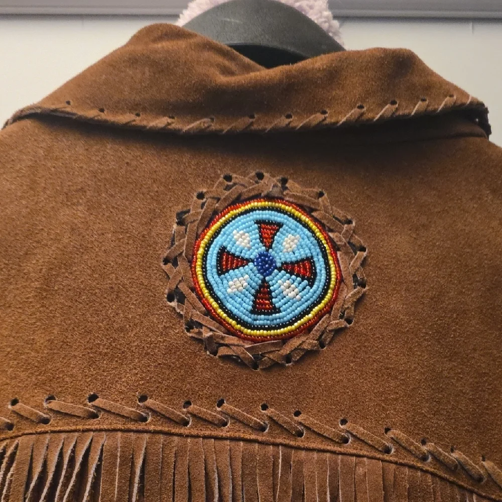 Embroidered Brown Leather Jacket with Blue Details - Picture 3 of 13